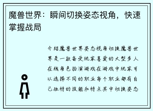 魔兽世界：瞬间切换姿态视角，快速掌握战局