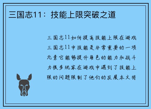 三国志11：技能上限突破之道