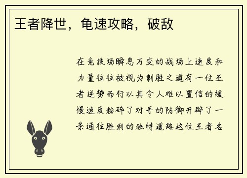 王者降世，龟速攻略，破敌