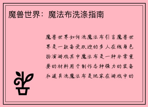 魔兽世界：魔法布洗涤指南